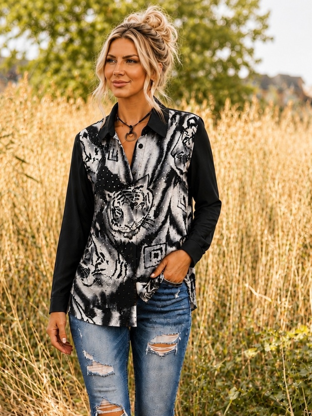100% Silk Diane Gilman Sequin Embellished Tiger Print Button Down Blouse